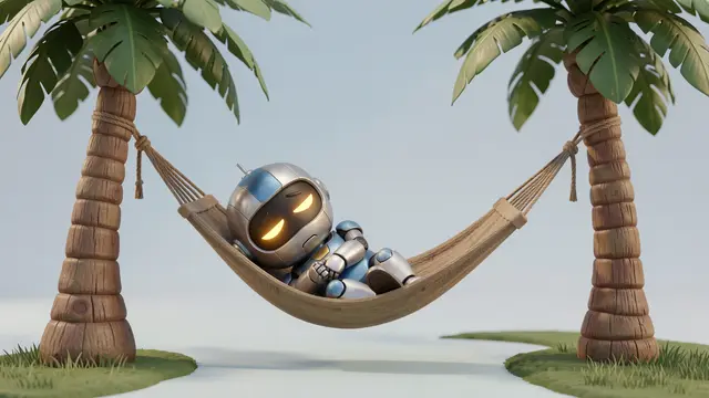 Cute small robot rests with half-closed glowing eyes in a hammock strung between two palm trees