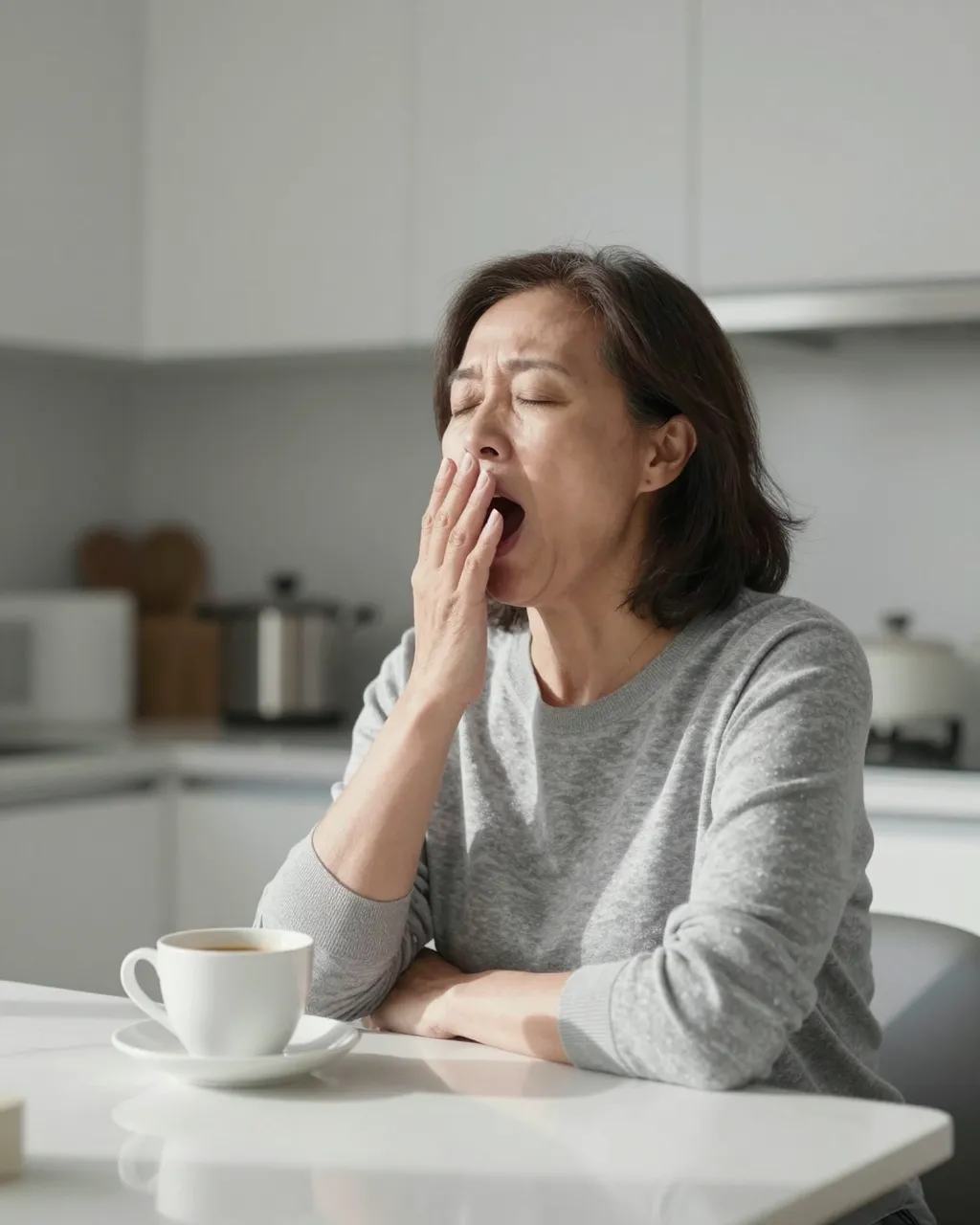 East Asian woman in her sixties yawns while sitting at a kitchen table with a coffee cup in soft morning light