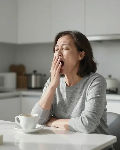 East Asian woman in her sixties yawns while sitting at a kitchen table with a coffee cup in soft morning light