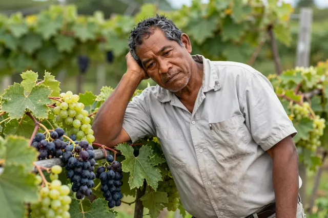 A senior Pacific Islander man rests his head on his hand beside ripening grape vines in a vineyard