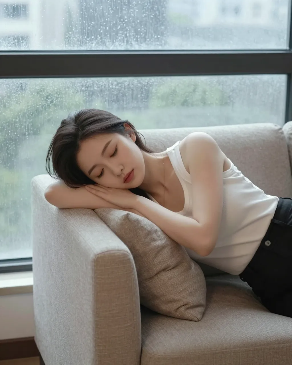 Young East Asian woman rests with closed eyes on a couch beside a rain-streaked window