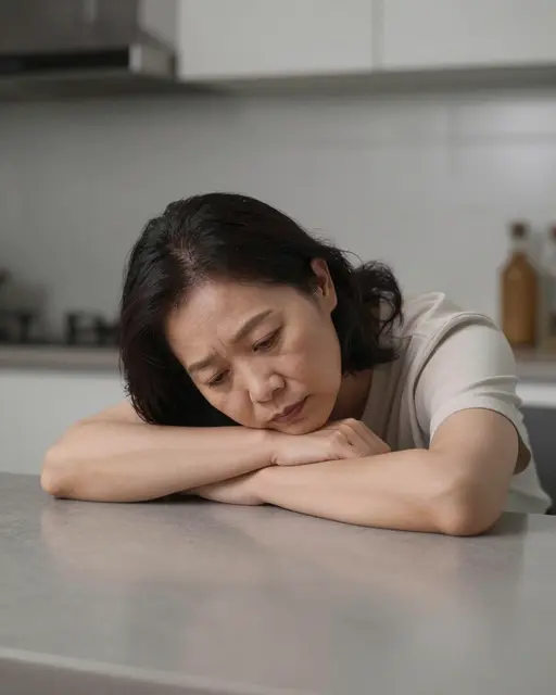 A tired middle-aged Southeast Asian woman rests her head on folded arms at a kitchen counter