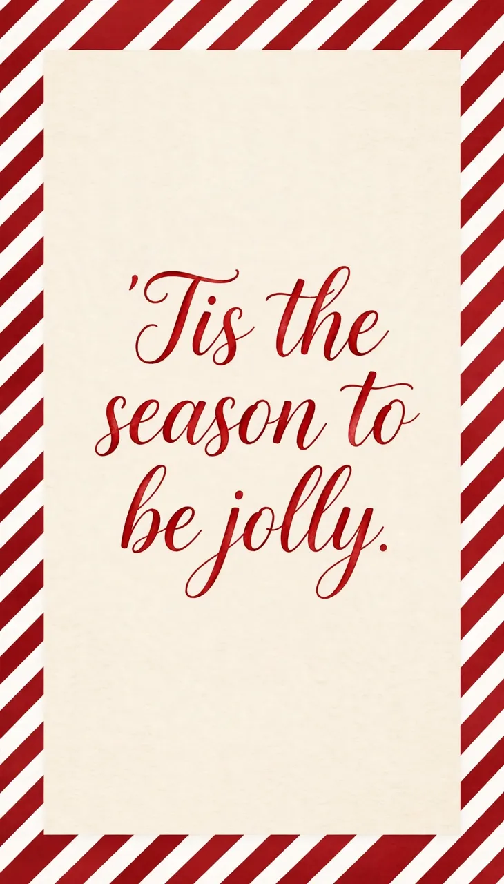 Vertical festive wallpaper with a red and white candy cane striped border and red script text reading "'Tis the season to be