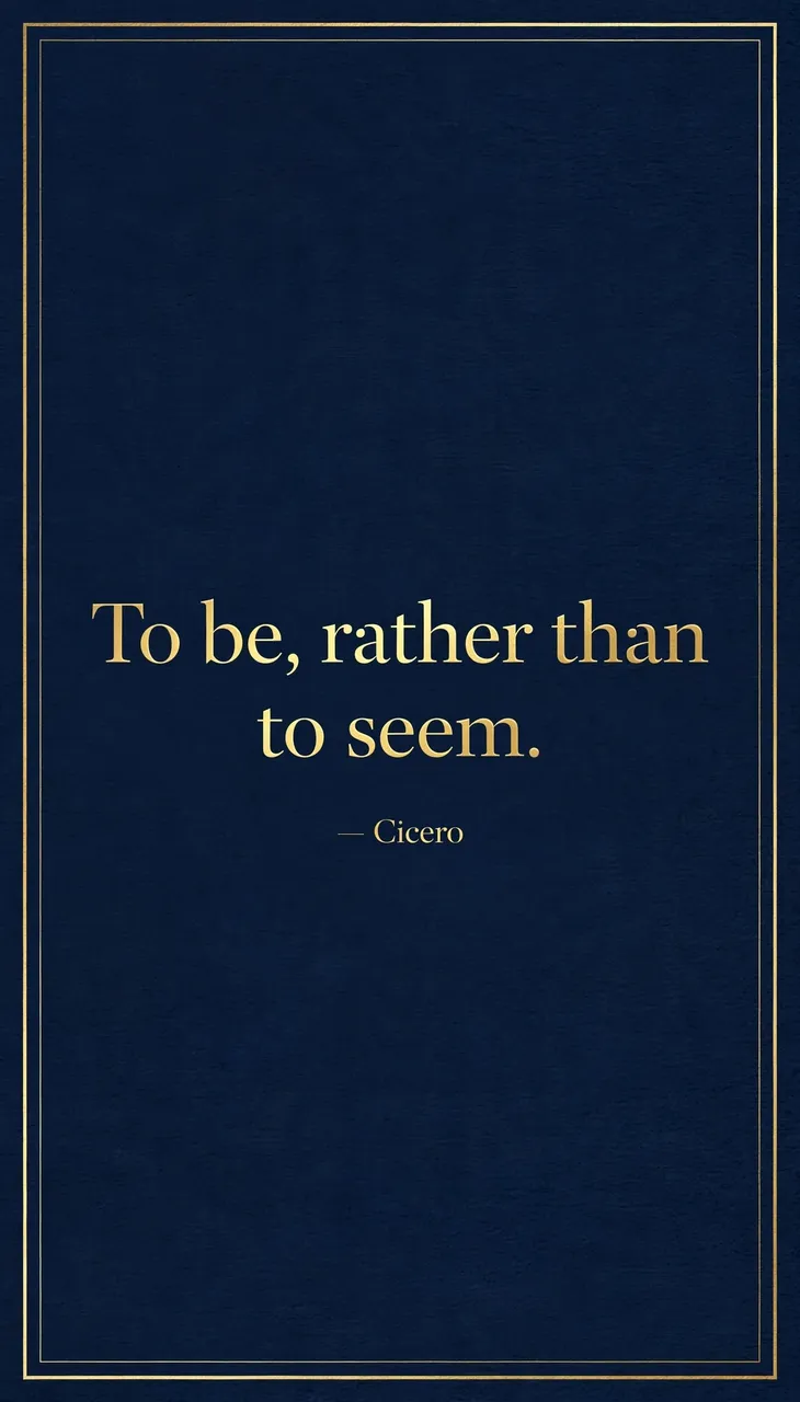 Vertical phone wallpaper with deep navy background, thin gold border, and gold serif quote "To be, rather than to seem.