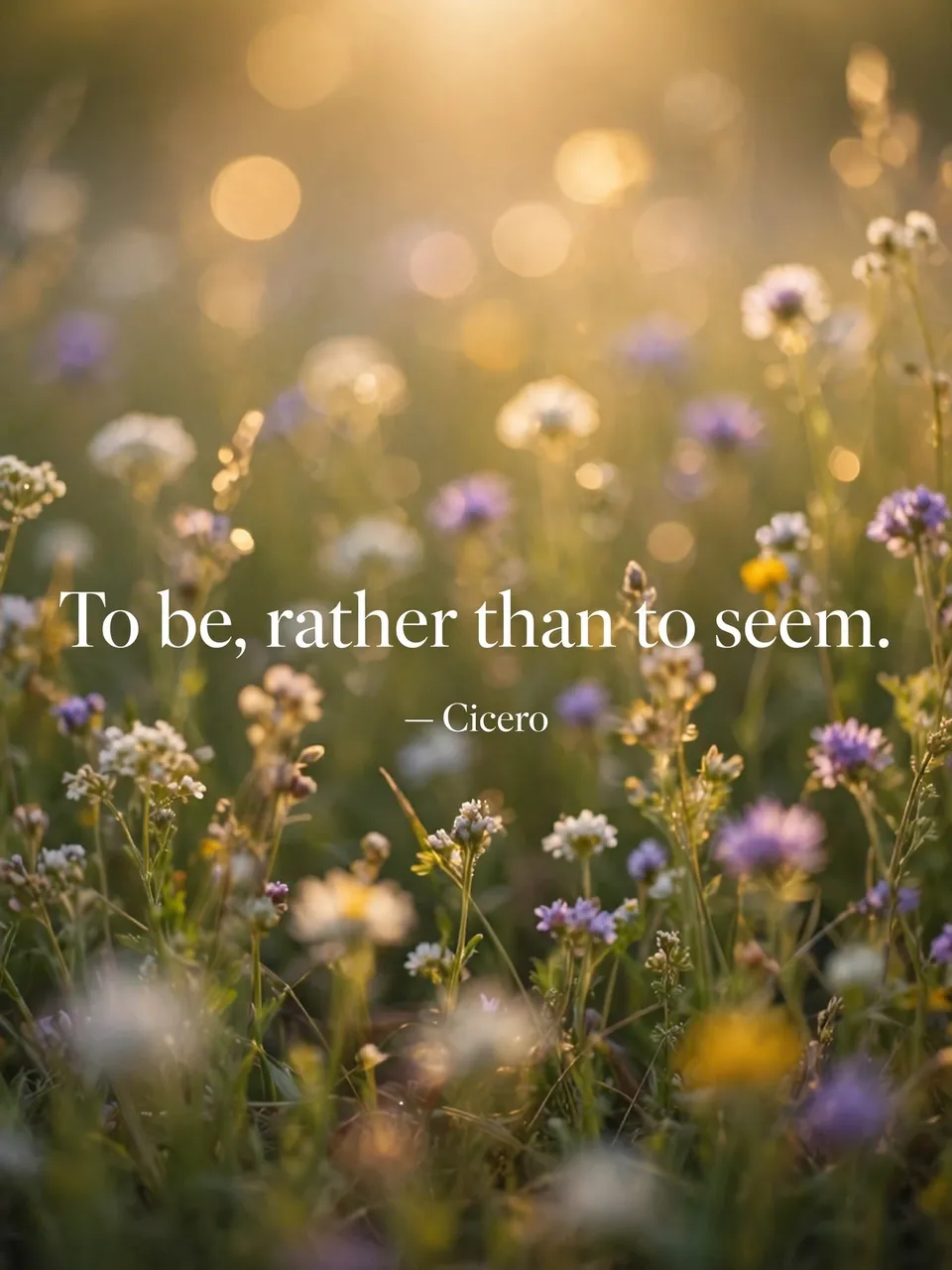 Soft sunlit out-of-focus wildflower meadow with the quote "To be, rather than to seem. — Cicero" overlaid in white serif type