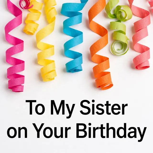 "To My Sister on Your Birthday" text sits below bright curly paper party streamers on a white background.