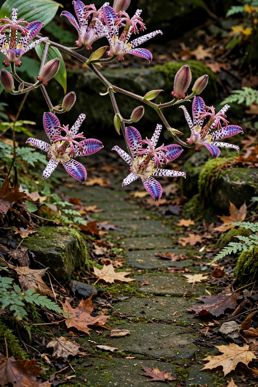 Speckled purple toad lily blooms arch over a mossy shady autumn garden stone path