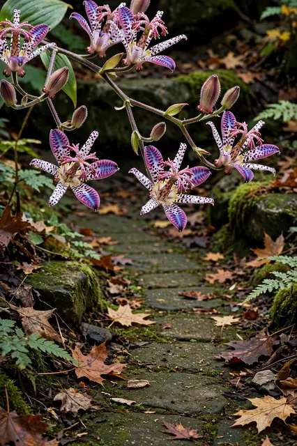 Speckled purple toad lily blooms arch over a mossy shady autumn garden stone path