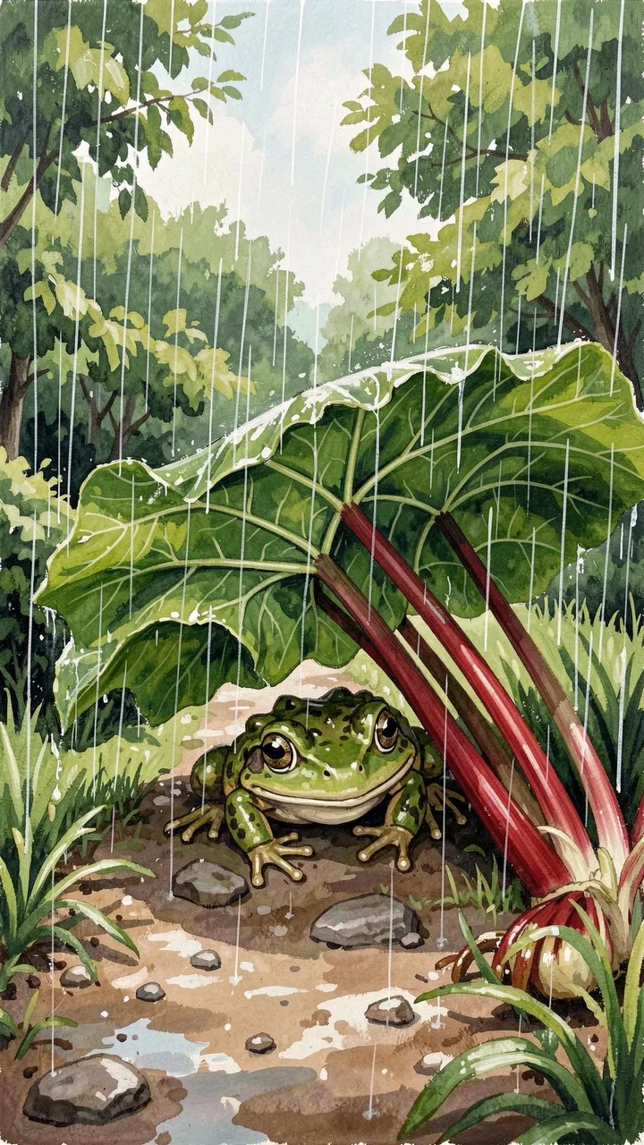 A green spotted toad sits under a large rhubarb leaf on a rainy garden path