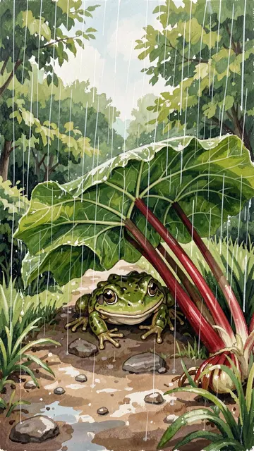 A green spotted toad sits under a large rhubarb leaf on a rainy garden path