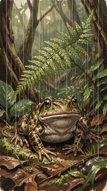 A spotted toad rests on damp forest ground beneath a fern during gentle rainfall.