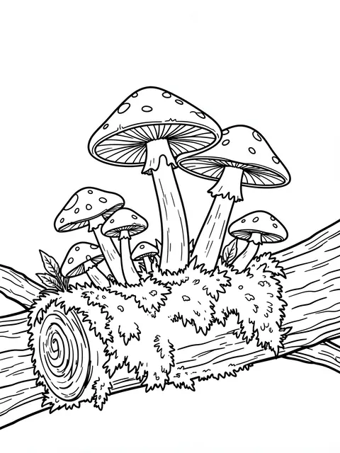 Black and white line art coloring page of spotted toadstools growing on a mossy fallen log against a plain white background