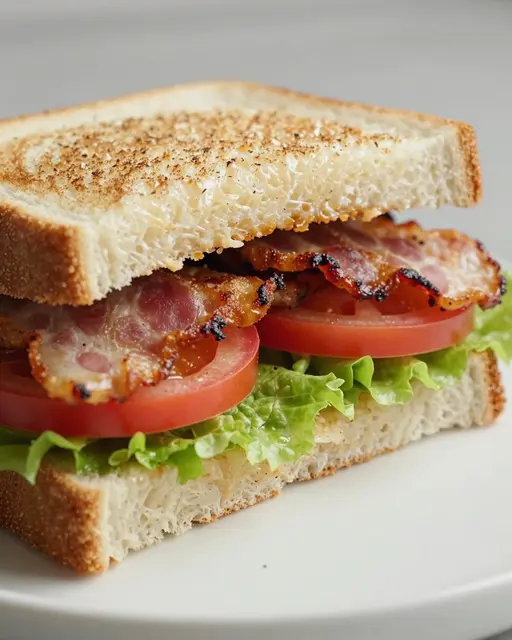 Close-up of a stacked BLT sandwich with toasted bread, crispy bacon, tomato and lettuce on a white plate.
