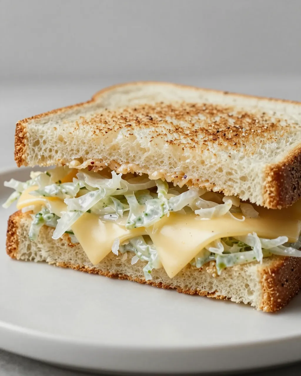 A close-up view of a toasted sandwich with sliced cheese and creamy cabbage slaw on a light ceramic plate