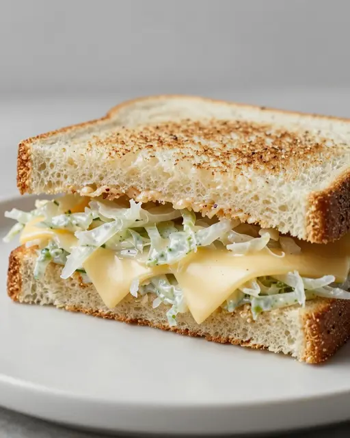 A close-up view of a toasted sandwich with sliced cheese and creamy cabbage slaw on a light ceramic plate