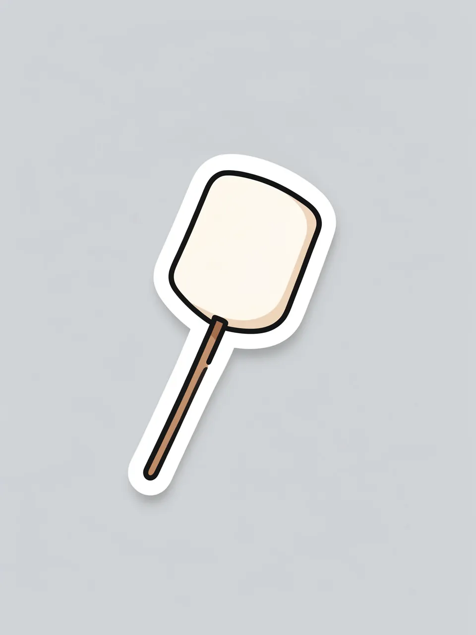 Cute die-cut sticker of a marshmallow on a wooden stick set against a light gray background