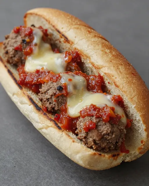 A close-up of a meatball sub with marinara and melted cheese in a toasted hoagie roll on a gray surface