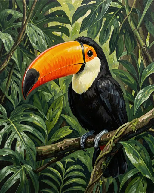 Acrylic painting of a toco toucan perched on a branch surrounded by lush green rainforest foliage