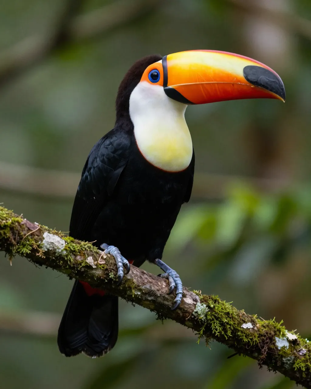 A toco toucan with a large orange bill perches on a mossy forest branch against blurred green foliage.
