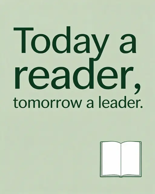 "Today a reader, tomorrow a leader." quote text on soft sage background with small open notebook line drawing