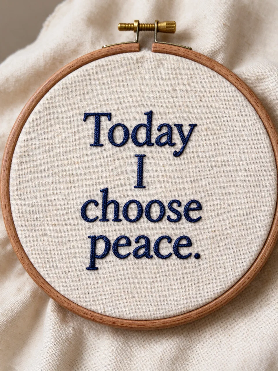 Wooden embroidery hoop holds natural linen stitched with navy thread reading "Today I choose peace."
