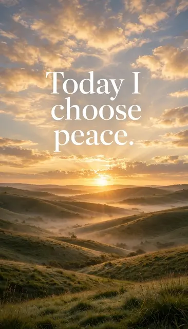 Golden sunrise over misty rolling green hills with the quote "Today I choose peace." in white serif type.