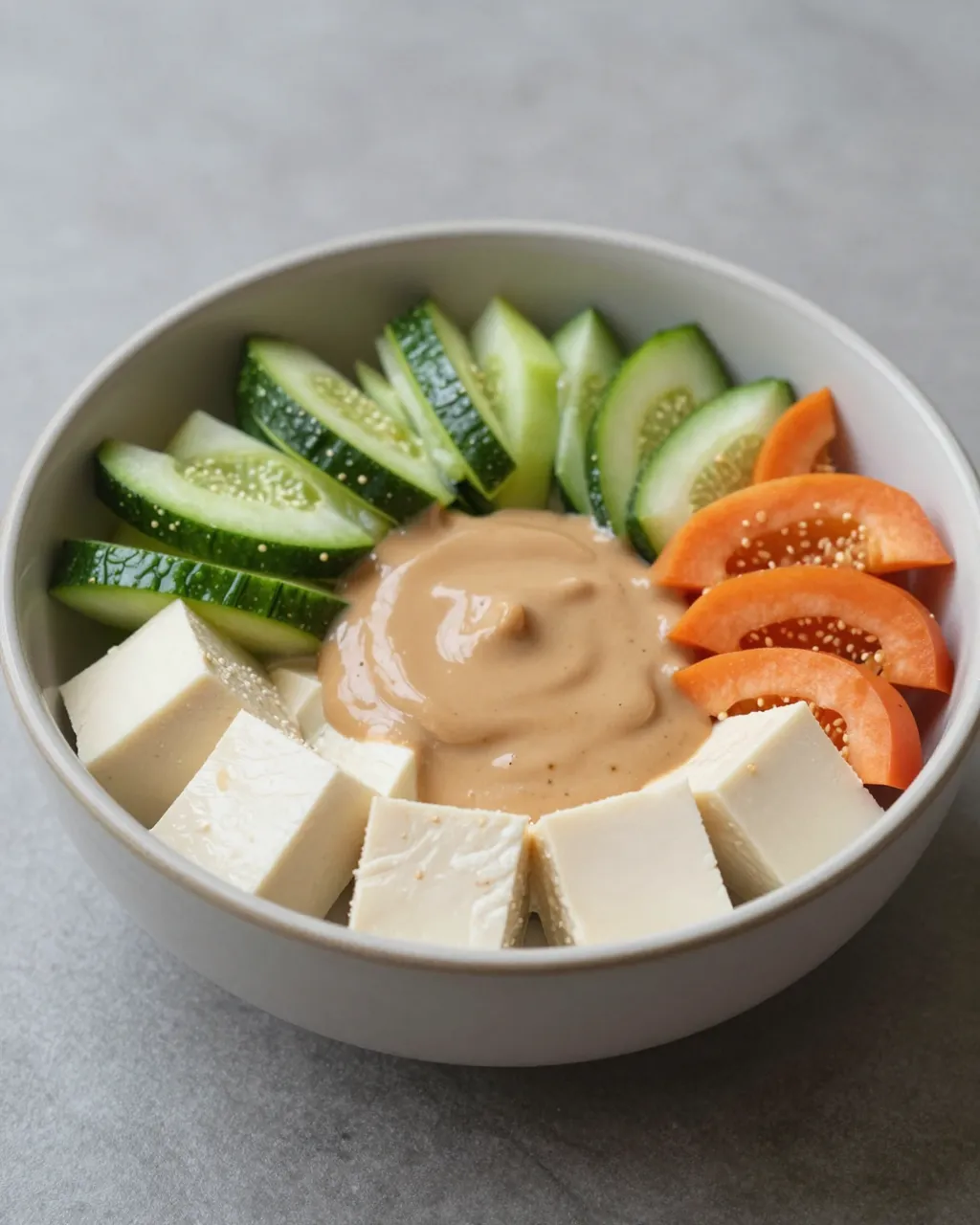 High angle view of a salad bowl with cubed tofu, sliced vegetables and creamy peanut dressing at the center