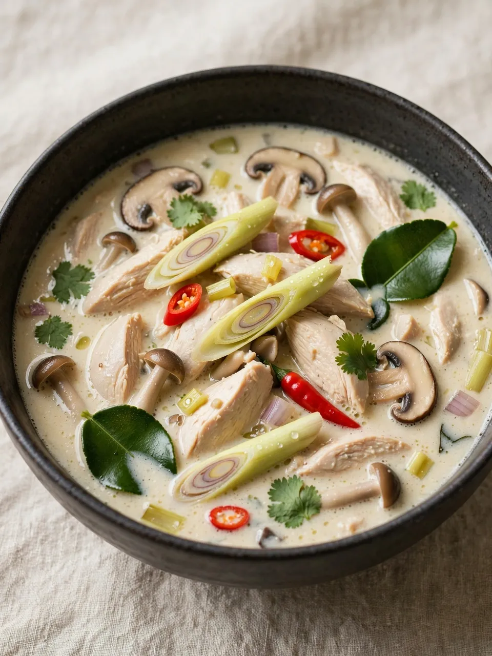 Bowl of creamy tom kha soup garnished with lemongrass, mushrooms, chili and herbs on linen