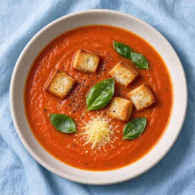 Overhead view of tomato basil soup topped with croutons, basil, parmesan and pepper in a ceramic bowl on pale blue linen