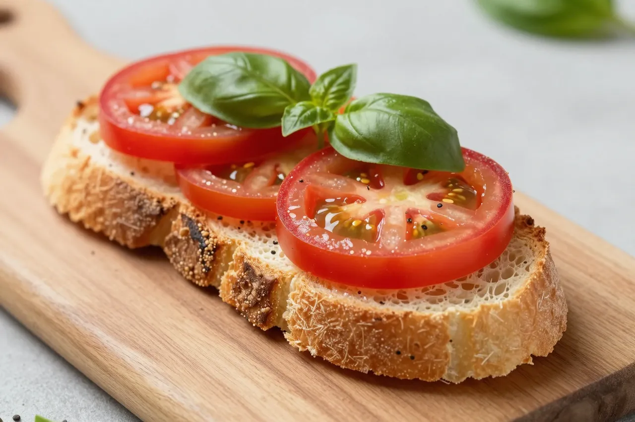 Close-up of toasted bruschetta topped with fresh tomato slices and basil on a light wooden cutting board