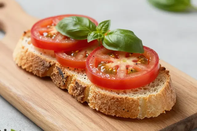 Close-up of toasted bruschetta topped with fresh tomato slices and basil on a light wooden cutting board