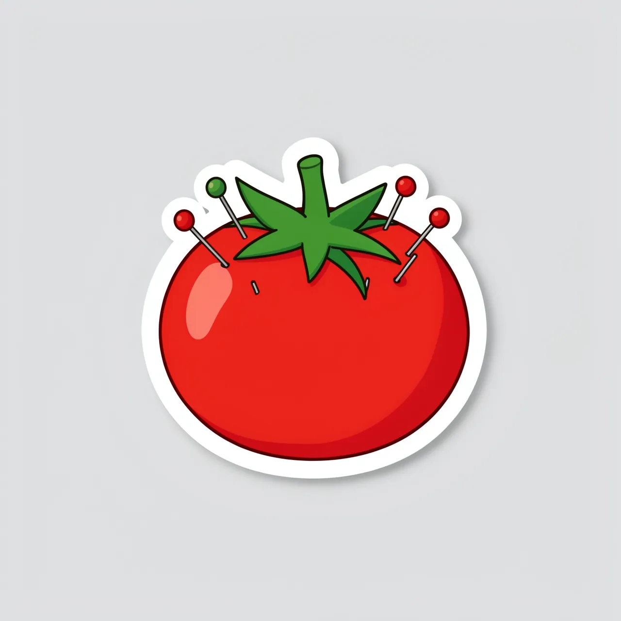 Cute flat illustration of a tomato pincushion sticker with pins on a light gray background