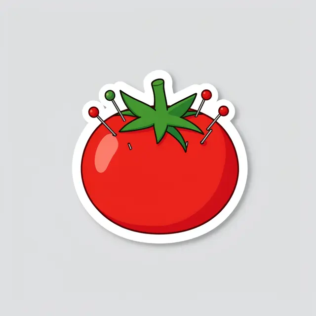 Cute flat illustration of a tomato pincushion sticker with pins on a light gray background