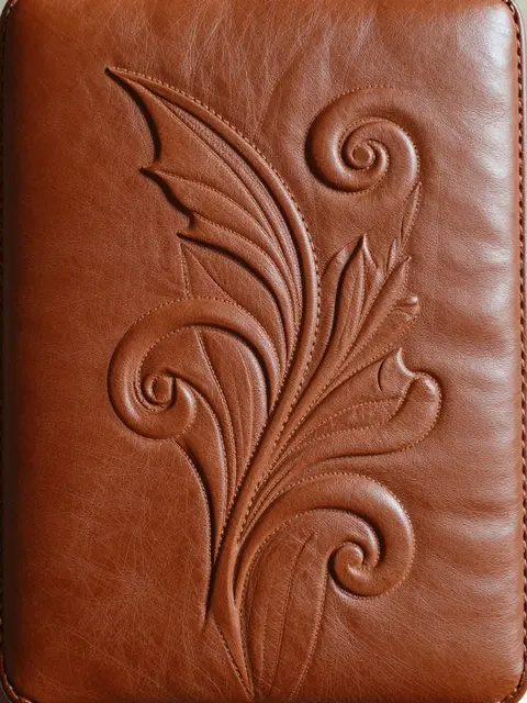 Close-up full frame of warm brown tooled leather with carved swirling leaf and scroll detailing lit by soft raking light