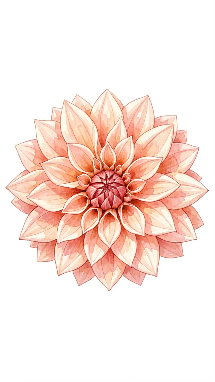 A top-down watercolor illustration of a single spiraling blush dahlia centered on a plain white background
