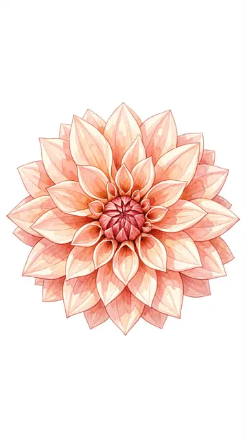 A top-down watercolor illustration of a single spiraling blush dahlia centered on a plain white background