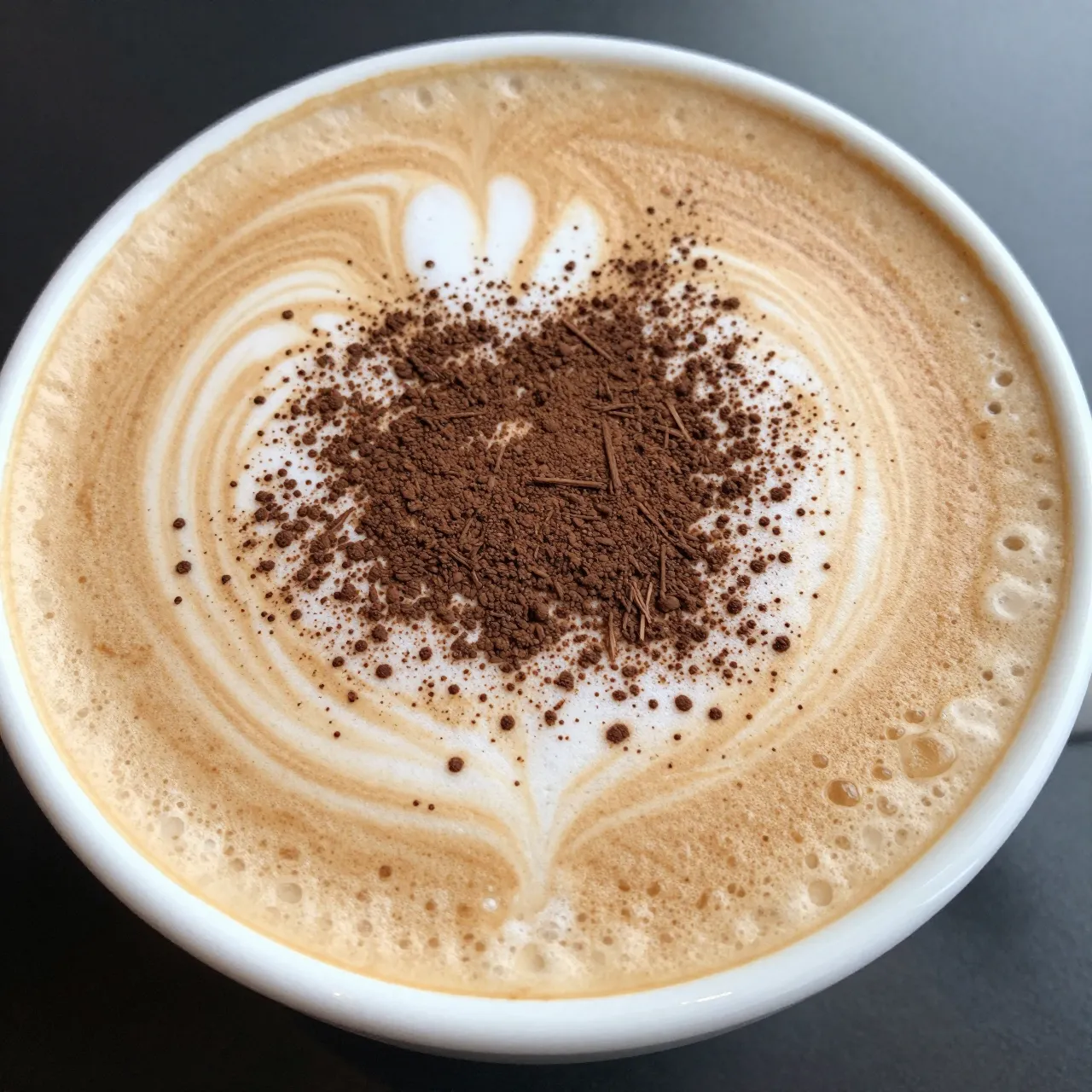 Overhead close-up of a cappuccino with swirled foam art and cocoa dusting in a white cup