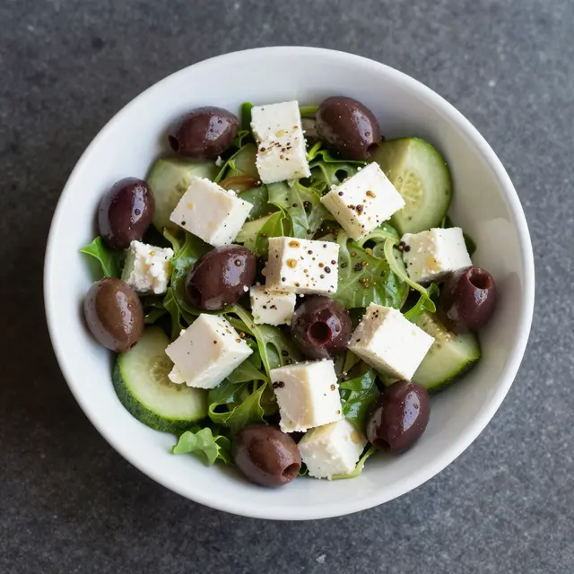 Top down view of a white bowl filled with Greek salad, feta cubes, black olives, cucumber and leafy greens on a dark stone