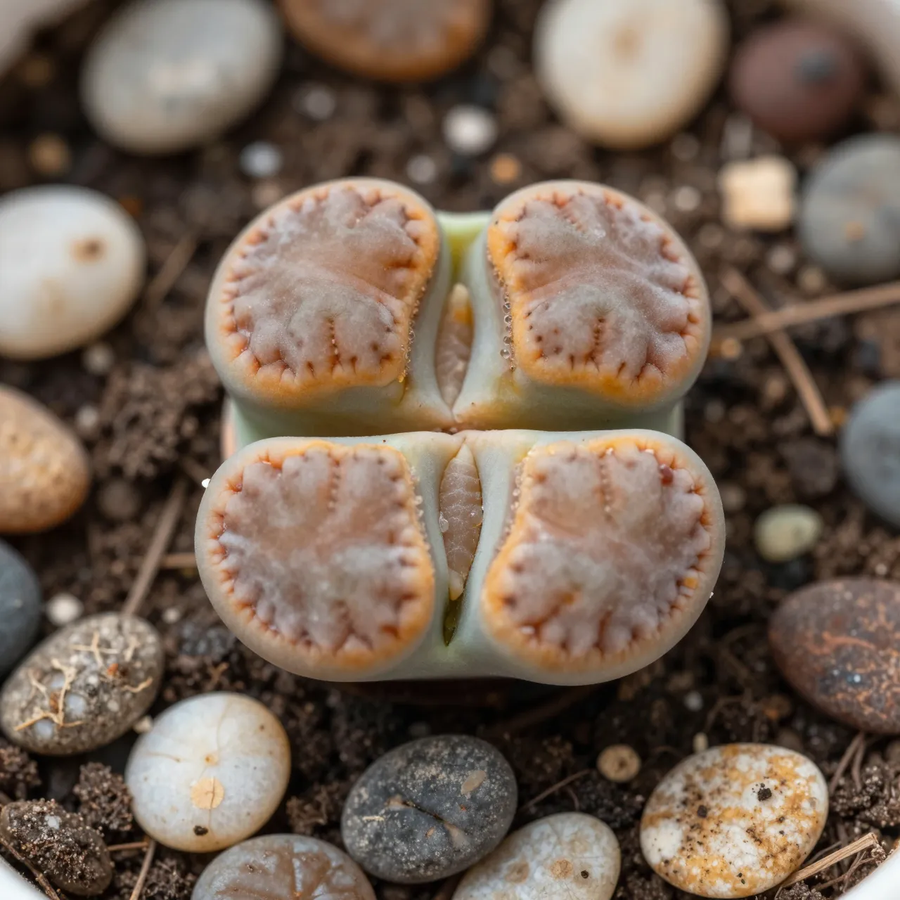 Close-up top view of potted lithops succulents resting in gravelly potting mix