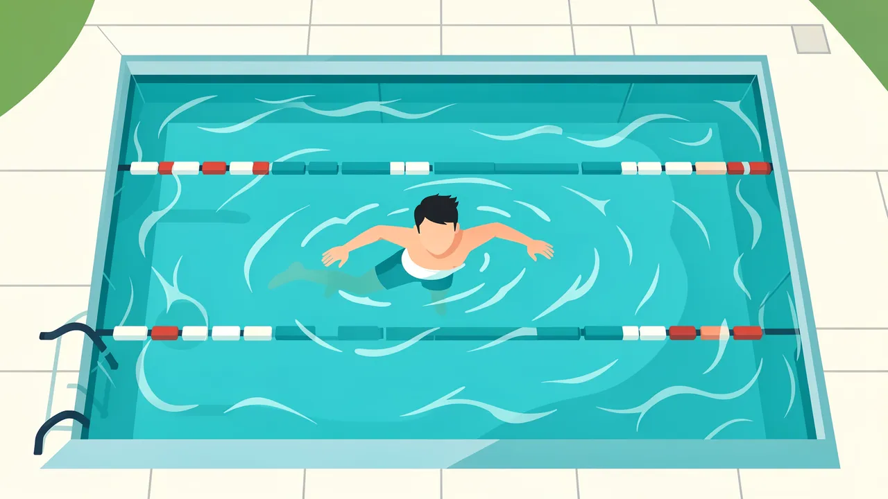 A top-down flat vector illustration shows a faceless man swimming laps in an outdoor lap pool