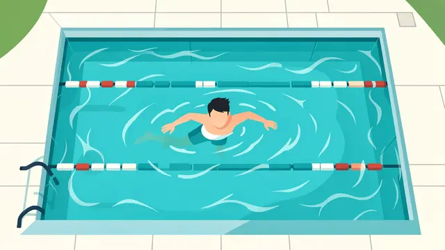 A top-down flat vector illustration shows a faceless man swimming laps in an outdoor lap pool