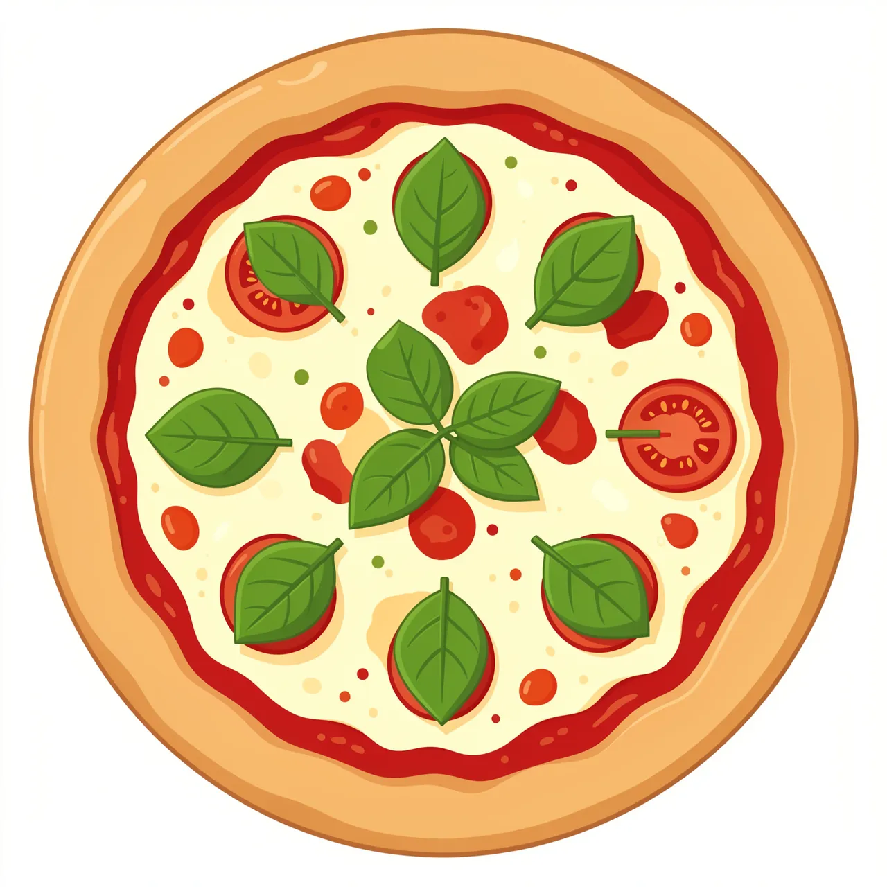 Flat vector top-down illustration of a whole margherita pizza topped with basil and tomato slices on a plain white background