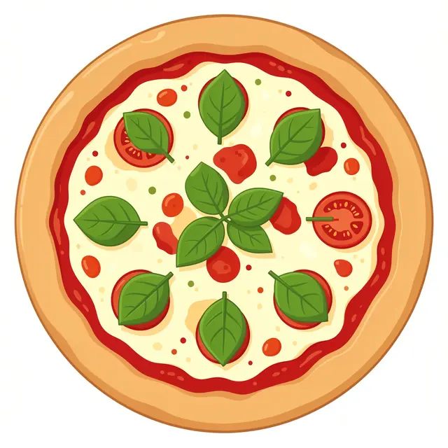 Flat vector top-down illustration of a whole margherita pizza topped with basil and tomato slices on a plain white background