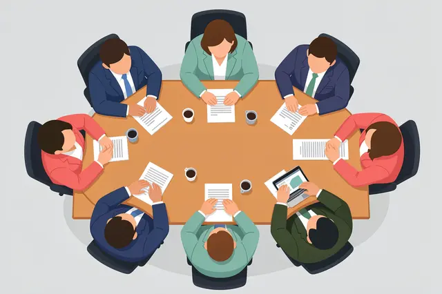 Flat top-down illustration of faceless colleagues seated around a round meeting table with documents and coffee cups
