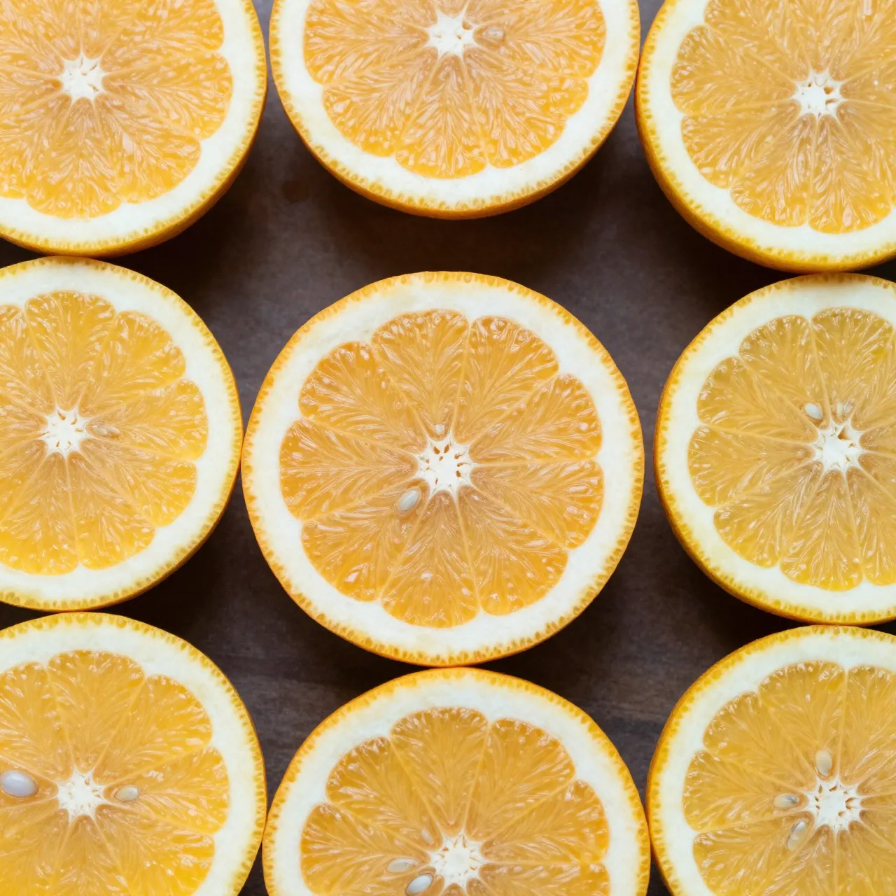 Neatly arranged cross-section orange halves viewed from above on a dark matte surface