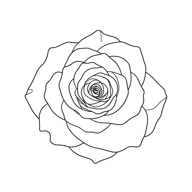 A minimalist continuous line drawing of a rose blossom viewed from above on a plain white background