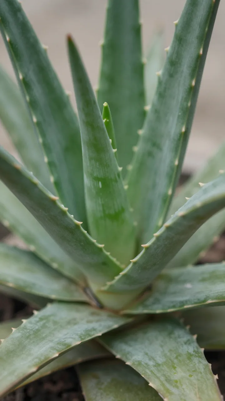 Close-up top-down view of a rosette-shaped spiral aloe succulent with spined green leaves