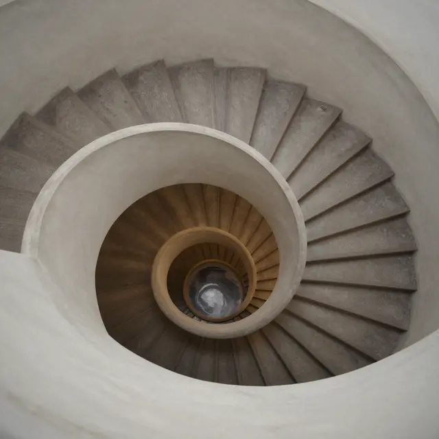 Direct overhead view looking down a smooth concentric spiral staircase with neutral toned steps