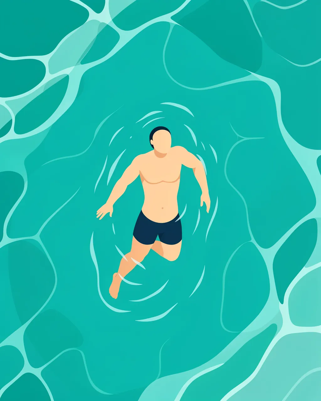 Faceless swimmer floats and swims in turquoise rippled water viewed from directly above