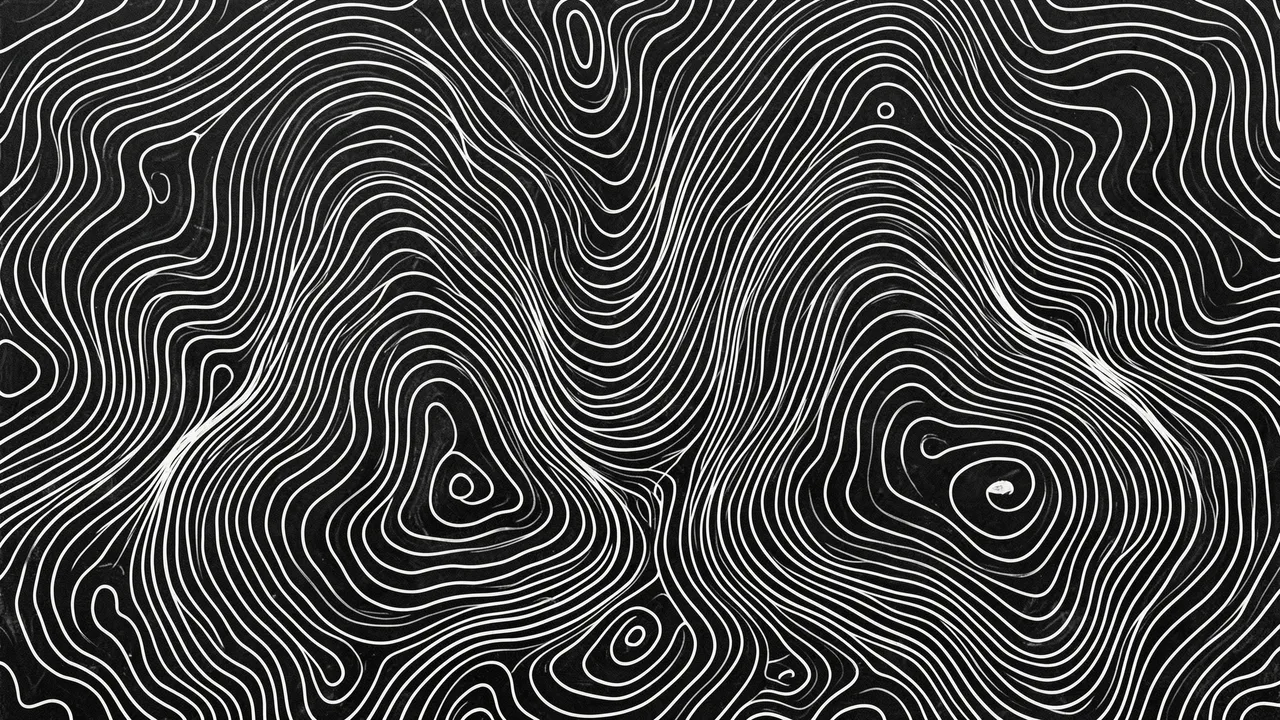 Crisp white wavy topographic contour lines drawn across a solid black charcoal background